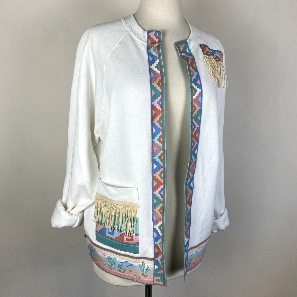 Vintage Southwestern Boho Aztec Abstract Embroidered Fringe Art Sweater Jacket - Picture 3 of 9